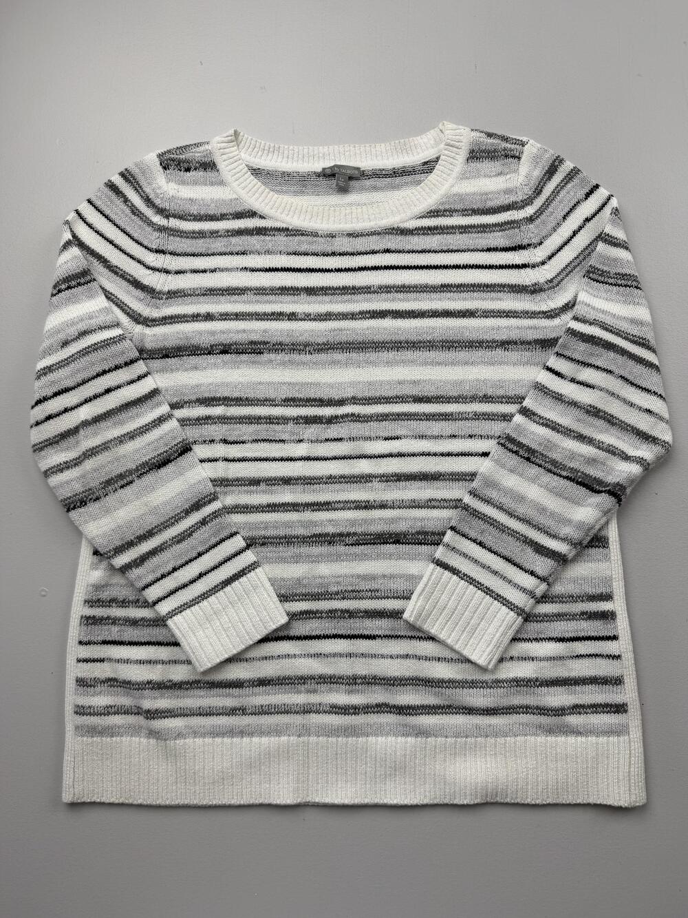 T By TALBOTS Sweater Womens L Petite White Stripe Crew Neck Knit Pullover